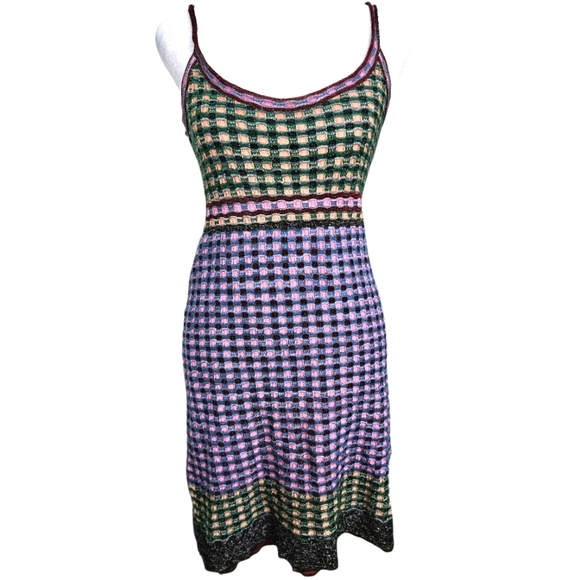 Vintage M MISSONI Sleeveless Silver Thread Detail Pink/green Multi Dress.US 4 - Picture 1 of 16